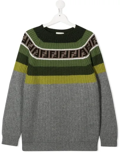 Fendi Teen Ff-trimmed Jumper In Grigio/verde