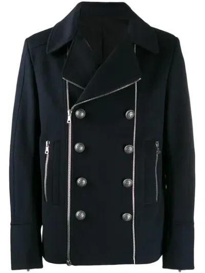 Balmain Button Detailed Zipped Jacket In Blue