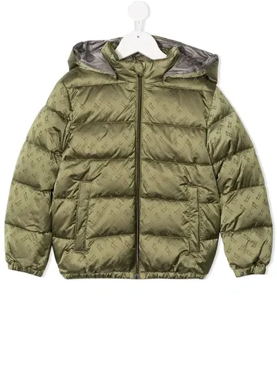 Herno Kids' Hooded Monogram Print Puffer Jacket In Green