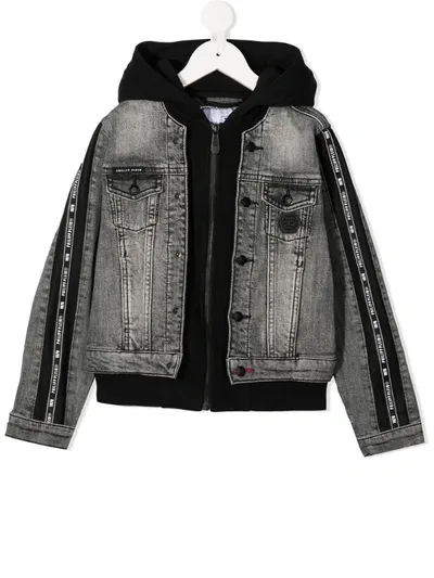 Philipp Plein Junior Kids' Hooded Denim Bomber Jacket In Grey