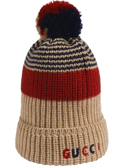 Gucci Kids' Horizontal-stripe Pompom Beanie In Neutrals