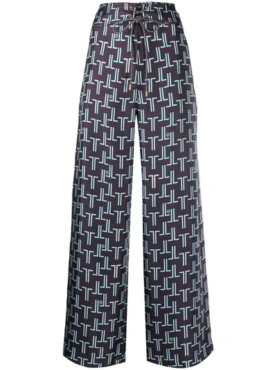 Lanvin Silk Monogram-print Cropped Trousers In Blue