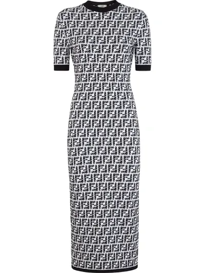 Fendi Ff-intarsia Midi Dress In White