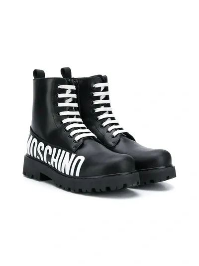 Moschino Teen Logo Lace-up Boots In Black