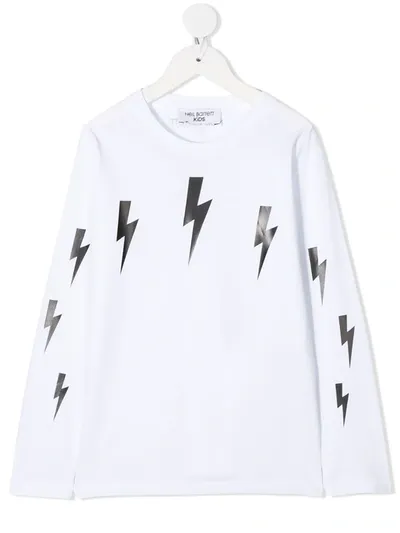 Neil Barrett Teen Lightening Cotton Longsleeved T-shirt In Bianco