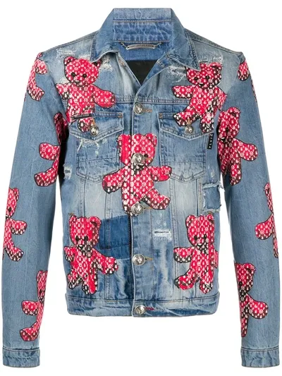 Philipp Plein Teddy Bear Print Denim Jacket In Blue