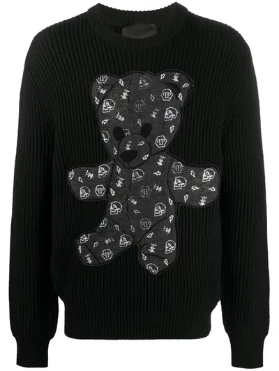 Philipp Plein Rib Knit Teddy Jumper In Black