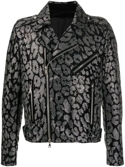 Balmain Leopard Print Studded Biker Jacket In Black