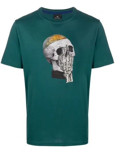 Ps By Paul Smith Skull-print Organic Cotton T-shirt In Green