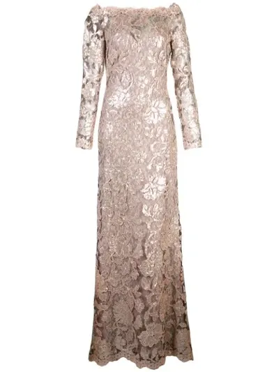 Tadashi Shoji Ophelia Long-sleeve Metallic Embroidered Gown In Pink