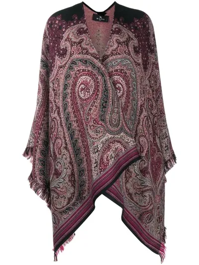 Etro Paisley-print Frayed Poncho In Black