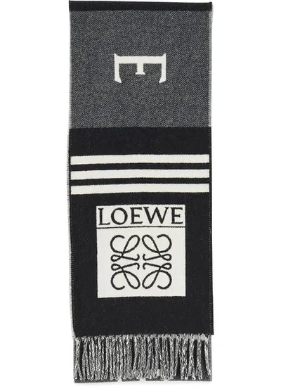 Loewe Striped Scarf With Football Logo In Grey,black,white