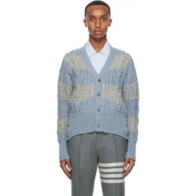 Thom Browne Blue & Grey Mohair Aran Cable 4-bar Cardigan