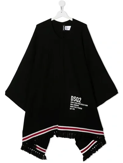 Dsquared2 Teen Fringed Logo Print Cape In Black