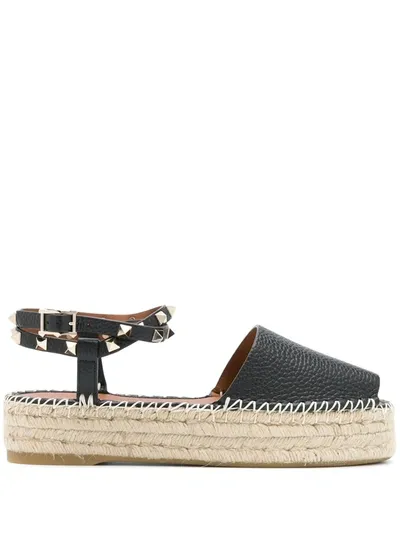 Valentino Garavani Rockstud-strap Leather Flatform Espadrille Sandals In Black