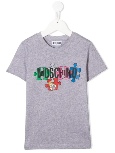 Moschino Kids' Logo Puzzle-print T-shirt In Grey