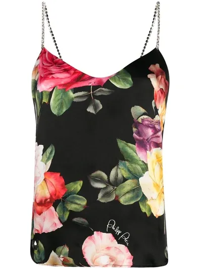 Philipp Plein Holiday Flowers Print Silk Vest Top In Black