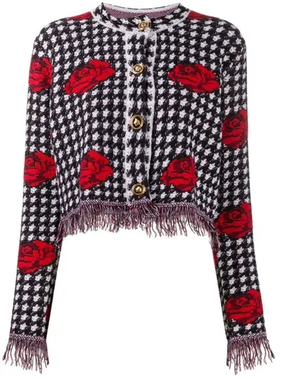 Versace Rose-jacquard Houndstooth Wool Cardigan In Black