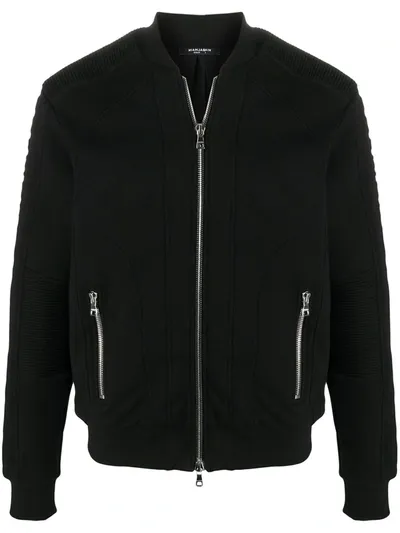 Balmain Jersey Bomber With Embossed Logo And Ribbed Detailing In Black