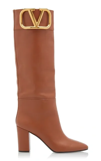 Valentino Garavani Supervee V-logo Knee-high Leather Boots In Saddle Brown