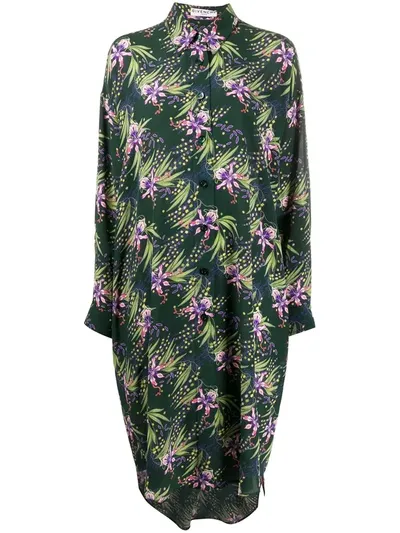 Givenchy Floral Print Silk Shirt Dress In Green