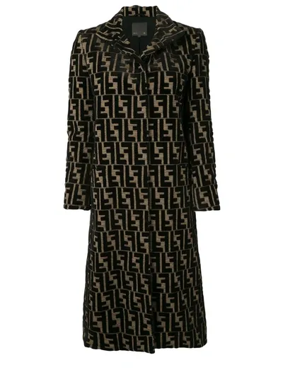 Pre-owned Fendi Zucca Pattern Midi Coat In Brown