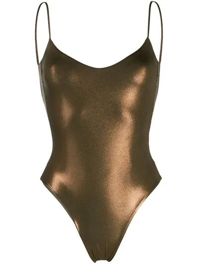 La Reveche Bronze Metallic-sheen Open Back One-piece In Brown