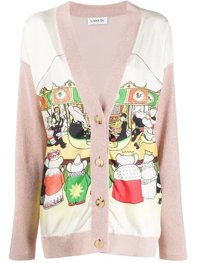 Lanvin Woman Pink V-neck Cardigan With Printed Silk Panel In Pale Pink