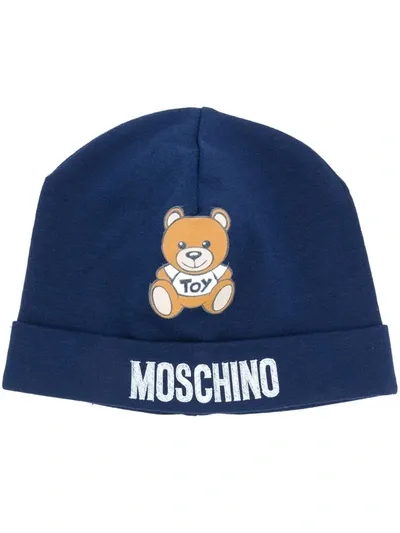 Moschino Babies' Teddy Toy Logo Beanie In Blue