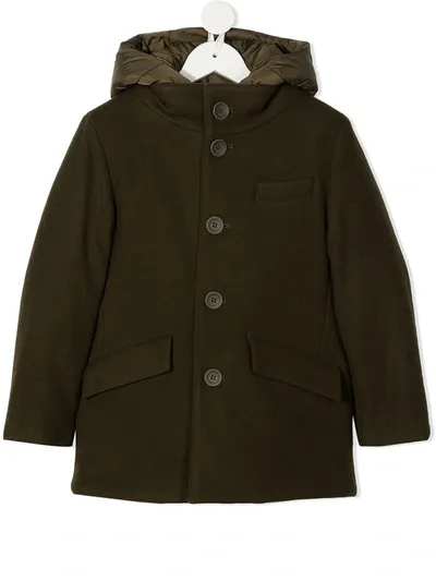 Herno Kids' Button-down Hooded Coat In Kaki