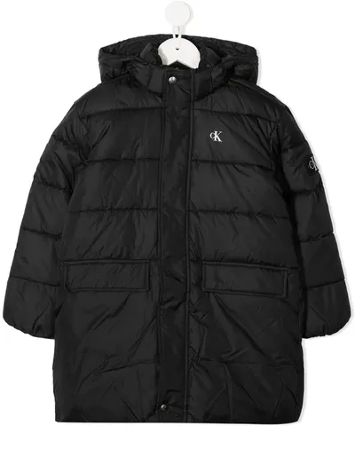 Calvin Klein Kids' Logo-patch Quilted Hooded Coat In Black