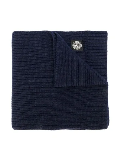 Stone Island Junior Ribbed Logo Patch Scarf In Blue