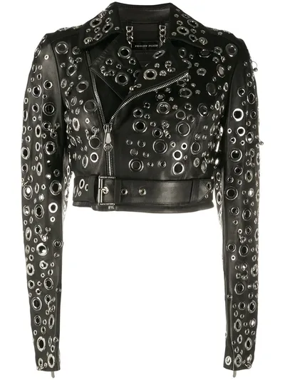 Philipp Plein Eyelet Embellished Leather Jacket In Black