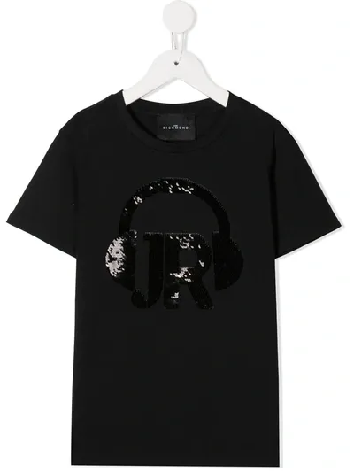 John Richmond Junior Kids' Sequinned Headphones Cotton T-shirt In Black