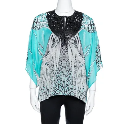 Pre-owned Roberto Cavalli Turquoise Blue Printed Silk Leather Trim Kaftan Top M