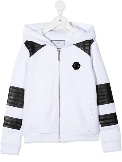 Philipp Plein Kids' Panelled Zip-front Hoodie In White