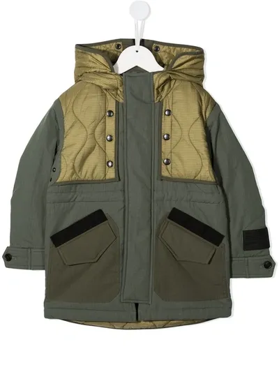 Diesel Kids' Patchwork Parka Coat In Green