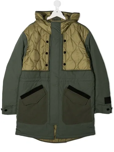 Diesel Teen Patchwork Parka Coat In Green