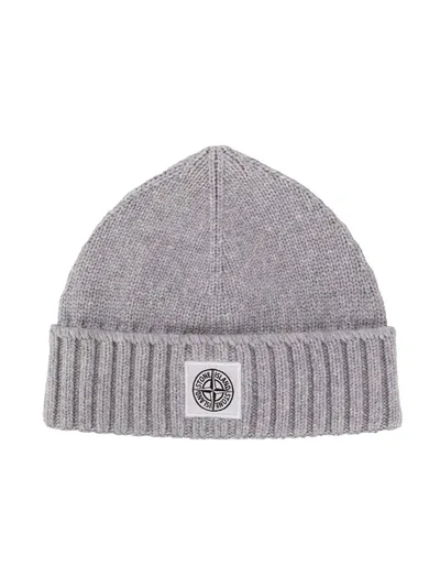 Stone Island Junior Kids' Logo Patch Beanie Hat In Grey