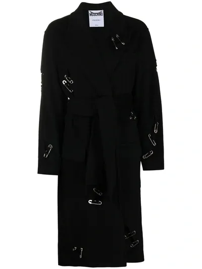 Moschino Safety Pin Detail Belted Coat In Black