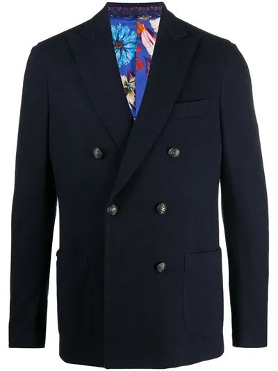 Etro Double Breasted Herringbone Blazer In Blue