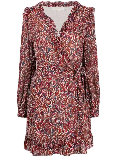 Michael Michael Kors Ruffled Paisley-print Crepe Wrap Mini Dress In Red