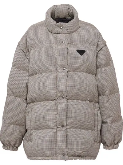 Prada Houndstooth Unzip Puffer Coat In Brown