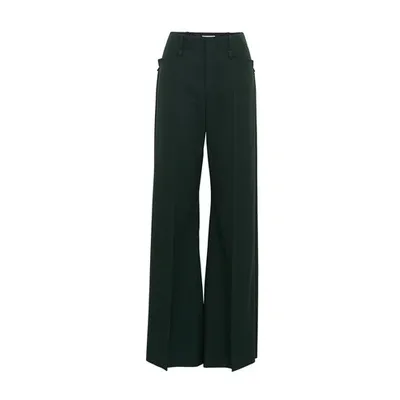 Chloé Front Pleat Wide Leg Wool Pants In Dark Green