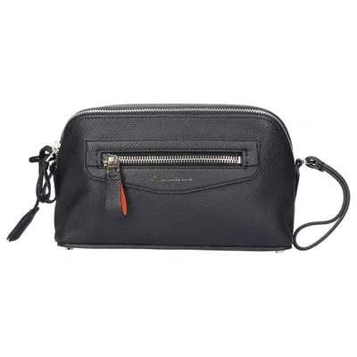 Santoni Men Toiletry Bag U1857 Embossed Calfskin Logo Black