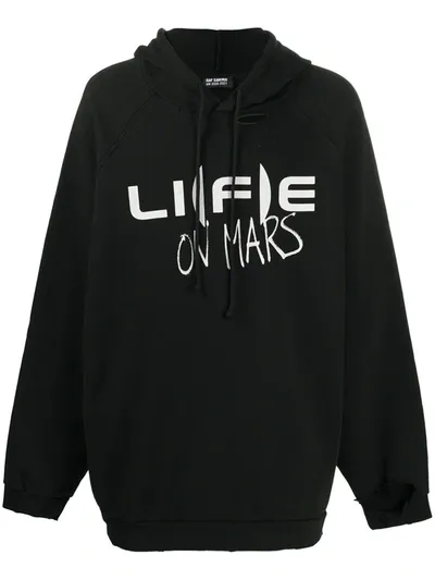 Raf Simons Distressed Life On Mars-print Hoodie In Black