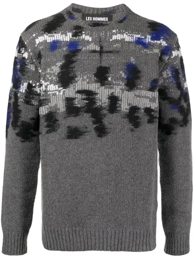 Les Hommes Leopard Intarsia Merino Wool Jumper In Grey