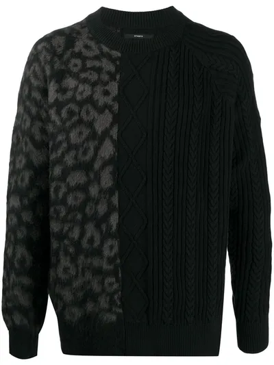 Stampd Leopard-panelled Cable-knit Jumper In Black