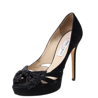 Pre-owned Jimmy Choo Black Suede Taja Crystal Embellished Bow Peep Toe Pumps Size 38