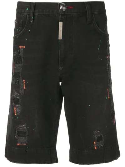 Philipp Plein Ripped Detail Bermuda Shorts In Black